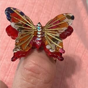 Vintage Lucite multicolor patterned butterfly ring huge